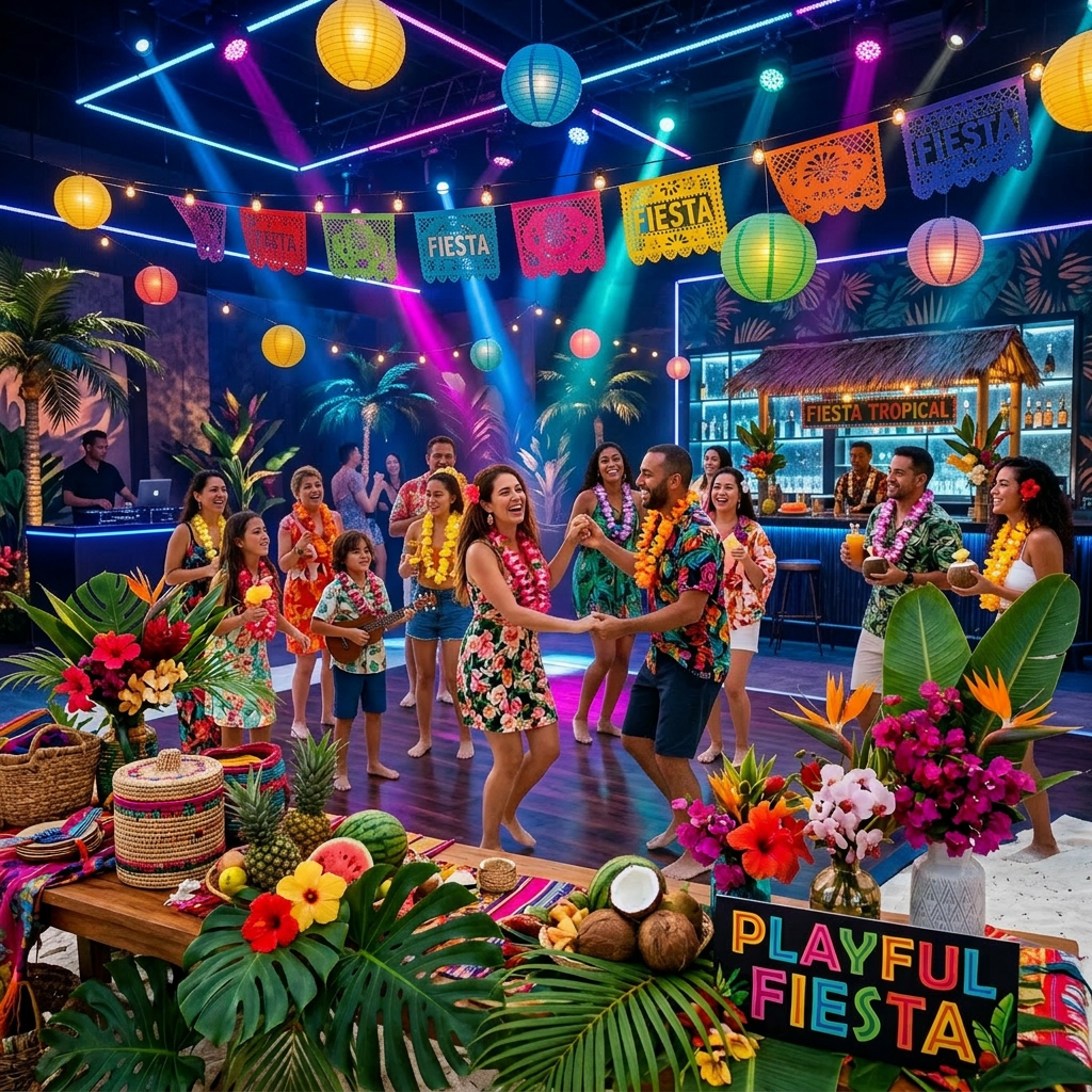 Group of people dancing and celebrating a tropical beach party with colorful decorations and leis