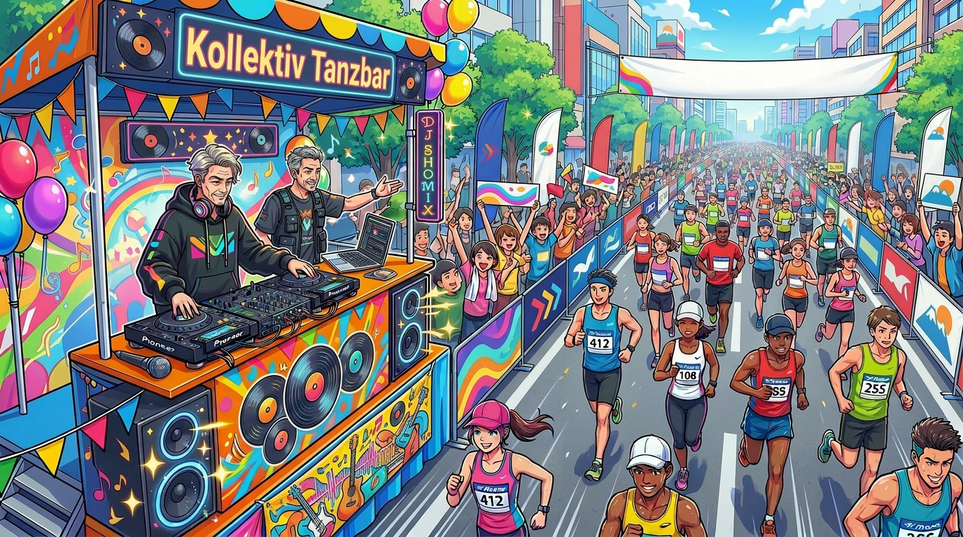 Marathon runners passing a DJ booth with bright decorations and cheering crowd